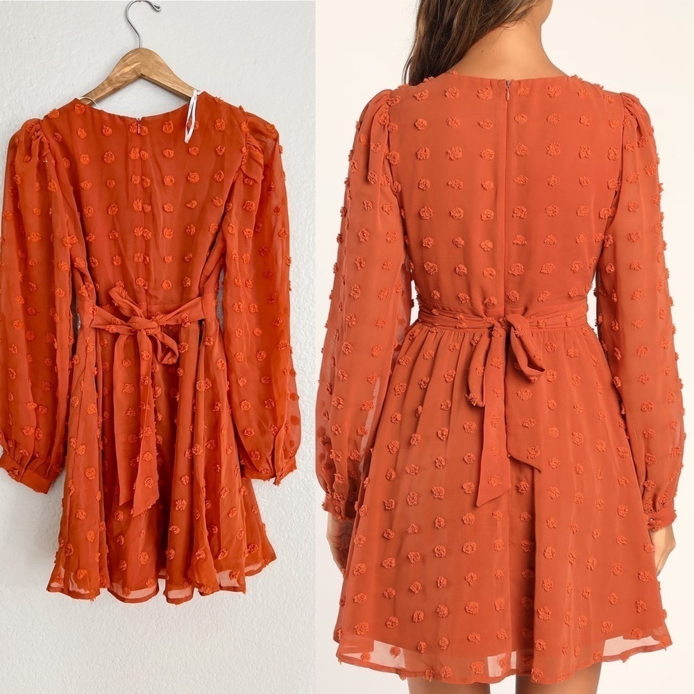 Rust Orange Clip Dot Long Sleeve Mini Dress S - Picture 3 of 10